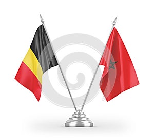 Morocco and Belgium table flags isolated on white 3D rendering