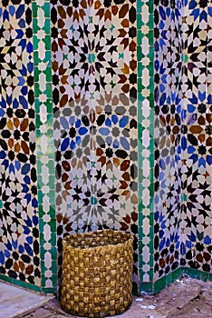 Morocco, Ben Youssef Medersa in marrakesh. Quiet corner with tiles.