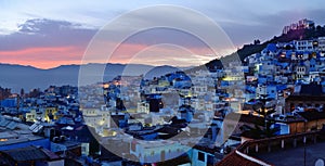 Morocco. Blue medina of Chefchaouen city at sunset