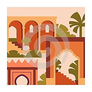Morocco card. Moroccan architecture, ancient Berber buildings, Maroc arches, tropical palm trees. Historic Medina