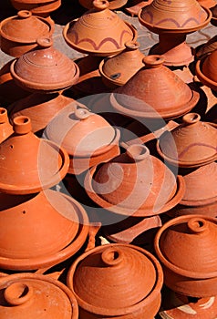 Morocco earthenware cooking tajines on sale in Meknes.