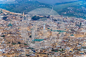 Morocco, Fes - aerial view of the city and medina of Fez, including details.