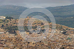 Morocco, Fes - aerial view of the city and medina of Fez, including details.