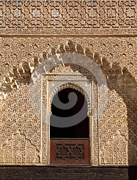 Morocco, Fez, Intricate medieval Islamic window and stucco surround