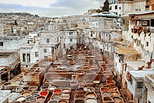Morocco, Fez, the old city. Workers paint the skin in dyers. Medina.