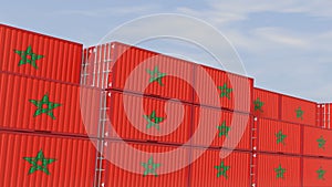 Morocco flag containers are located at the container terminal. Concept for Morocco import and export 3D