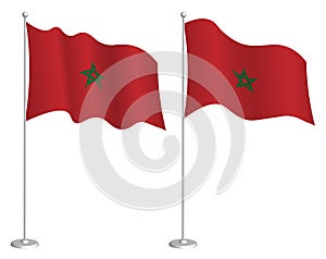 Morocco flag on flagpole waving in wind. Holiday design element. Checkpoint for map symbols. Isolated vector on white background