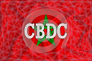 Morocco flag with the inscription CBDC Central Bank Digital Currency and a blockchain grid around. Graphic concept for your