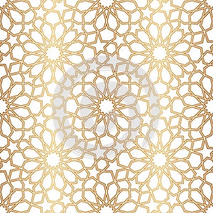 Morocco gold seamless pattern. Repeating golden marocco grid. Arabic background. Repeated simple moroccan mosaic motive. Islamic
