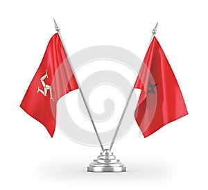 Morocco and Isle of Mann table flags isolated on white 3D rendering