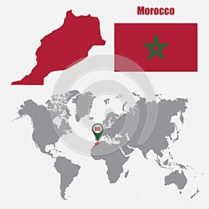 Morocco map on a world map with flag and map pointer. Vector illustration