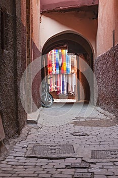 Morocco, Marakech, Archway and Alley in Medina Area