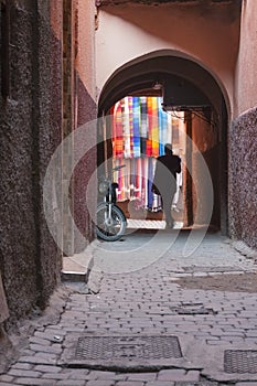 Morocco, Marakech, Archway and Alley in Medina Area