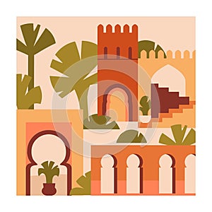 Morocco, Marrakech card. Moroccan building, Berber architecture, Medica tower, traditional arches, palm trees, square