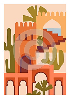 Morocco, Marrakech poster. Moroccan Berber architecture, framed card background. Abstract ancient Marrakesh and Medina