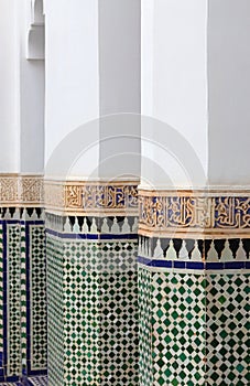 Morocco, Marrakesh. Detail of  beautiful columns finished in mosaic glazed tiles