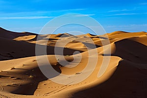 Morocco. Merzouga. Sand dunes of Sahara desert under a blue sky