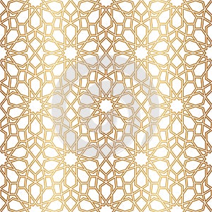 Morocco seamless pattern. Gold ottoman motif. Golden islamic background. Repeated arabic star patern. Repeating traditional girih photo