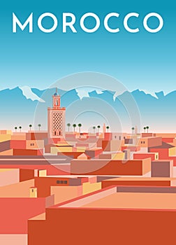 Morocco travel retro poster, vintage banner. Panorama of Marrakech city with houses, mosque, mountains. Flat vector illustration