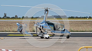 Moron, Spain - 12 May 23: Shiny modern Ela G10 Eclipse gyrocopter