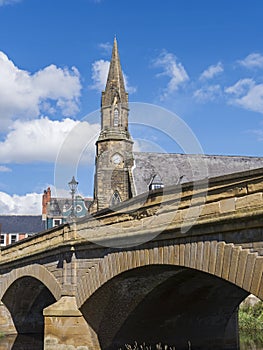 Morpeth Telford Bridge and spire of St Georges United Reformed Church photo