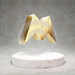 Morpheus cryptocurrency icon. Gold 3d rendered icon on white marble podium