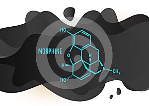 Morphine chemical formula, opium alkaloid with black liquid fluid shapes on white background