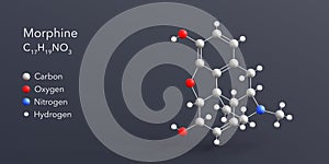 morphine molecule 3d rendering, flat molecular structure with chemical formula and atoms color coding