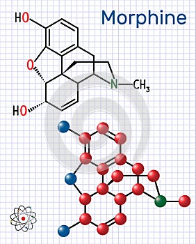 Morphine molecule. It is a pain medication of the opiate. Structural chemical formula and molecule model. Sheet of paper in a cage