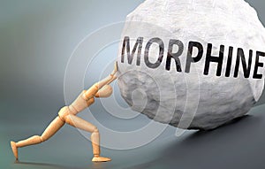 Morphine and painful human condition, pictured as a wooden human figure pushing heavy weight to show how hard it can be to deal