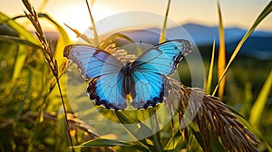 Morpho Butterfly Surveys the Landscape, Standing in Tall Green Grass Amidst Mountains and a Sunset photo