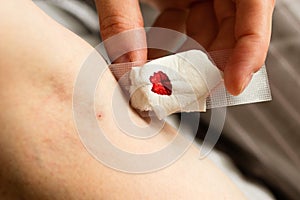 Closeup of bandage on arm after taking blood sample