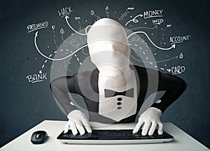 Morphsuit hacker with white drawn line thoughts