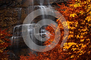 Morricana Waterfalls in Monti della Laga, Abruzzo, Italy, in the full autumn season with red and orange leaves