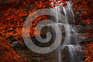 Morricana Waterfalls in Monti della Laga, Abruzzo, Italy, in the full autumn season with red and orange leaves