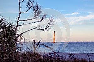 Morris Island Lighthouse in the distance, framed by bare trees a
