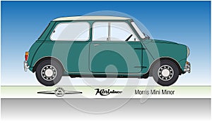 Morris Mini Minor vintage car silhouette coloured, vector illustration