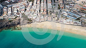 Morro Jable Canary Island, Fuerteventura Spain, Aerial view on coast of atlantic ocean and beach, Drone shot of sea