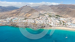 Morro Jable Canary Island, Fuerteventura Spain, Aerial view on coast of atlantic ocean and beach, Drone shot of sea