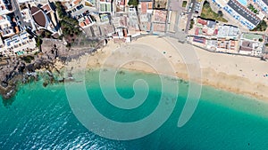 Morro Jable Canary Island, Fuerteventura Spain, Aerial view on coast of atlantic ocean and beach, Drone shot of sea