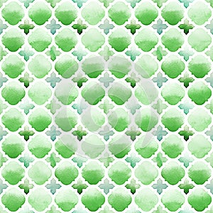 Morrocan ornament of green colors on white background. Watercolor seamless pattern photo