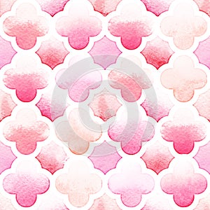 Morrocan ornament of pink colors with quatrefoil on white background. Watercolor seamless pattern