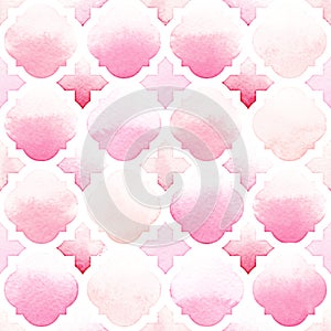 Morrocan ornament of pink colors on white background. Watercolor seamless pattern photo