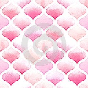 Morrocan ornament of pink colors on white background. Watercolor seamless pattern for fabric