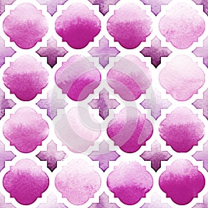 Morrocan ornament of purple colors on white background. Watercolor seamless pattern. Bodacious