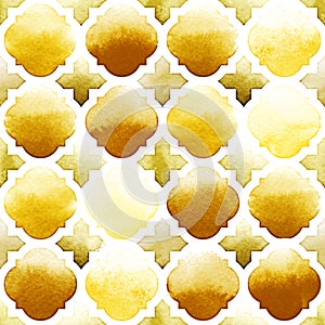Morrocan ornament of yellow colors on white background. Watercolor seamless pattern. Spicy Mustard photo