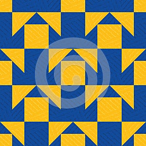 Morroccan geometric vector pattern background. Backdrop with cobalt blue and orange grunge texured triangles and squares