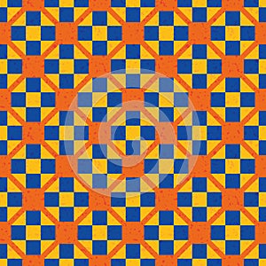 Morroccan geometric vector pattern background. Backdrop with cobalt blue and orange stone terrazzoe texured circles and
