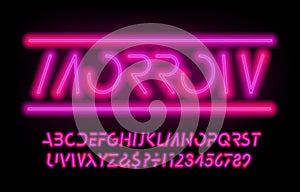 Morrow alphabet font. Neon colors futuristic letters and numbers.