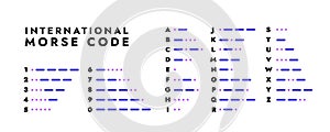 Morse code. International signal table of dots dashes, analog message transmitting system telegraph sea code. Vector set